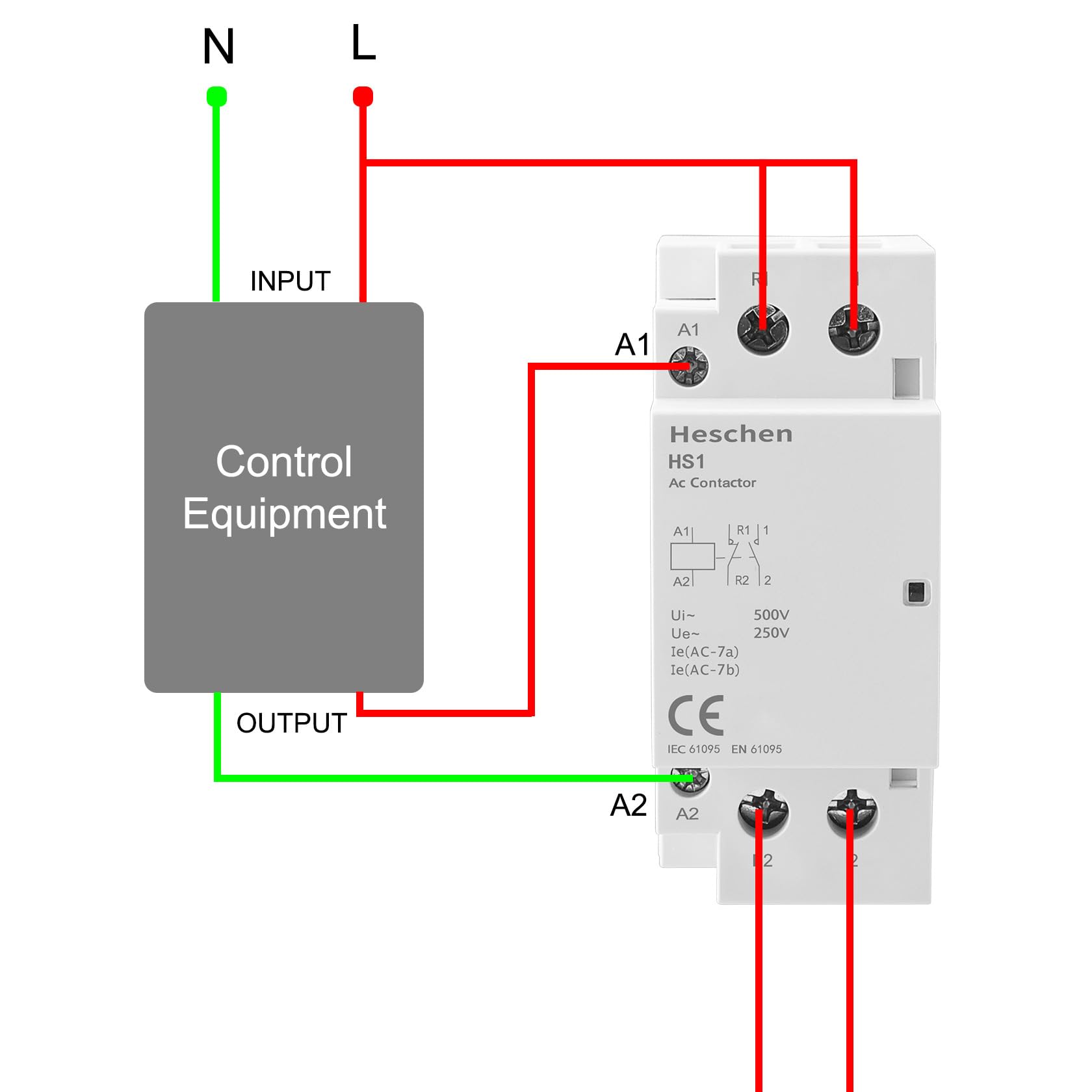 Contacteur AC Domestique Heschen HS1-32 - 32A, 2 Pôles 1NO+1NC, Bobine 220V/240V, Montage Rail DIN 35 Mm