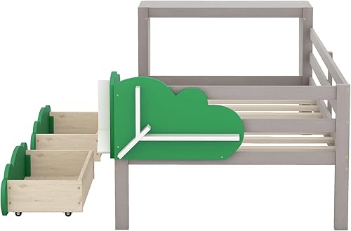 Miniatura 8 de Merax Sofá cama individual con escritorio, cajones y estantes en forma de hoja verde, marco de cama de madera gris para niños