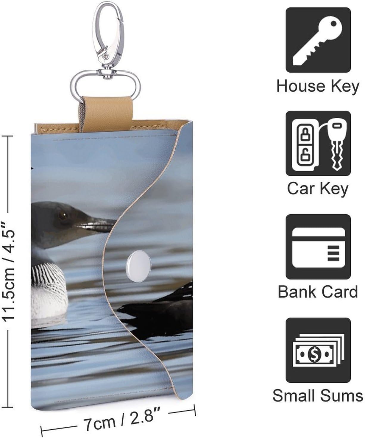 Loon Birds Key Pouch, PU Leather Key Holder, Personalized Snap Closure Key Bag with Card Slot & Coin Pocket, Portable Key Organizer for Car Keys House Keys, Men Women