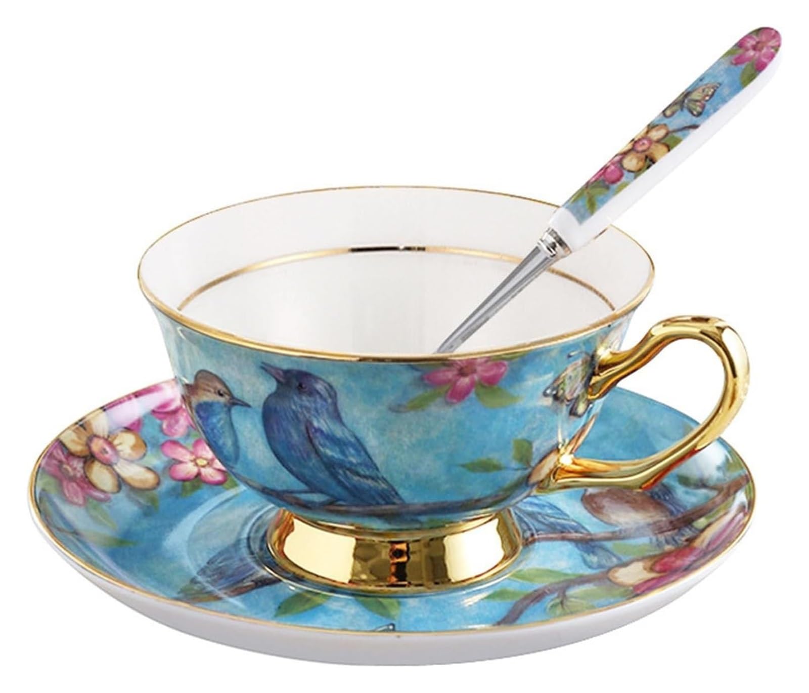 Zestaw filiżanek i spodków z porcelany kostnej łyżeczką | Wielokolorowy zestaw filiżanek z porcelany kostnej ze spodkiem do popołudniowej herbaty na śniadanie(Blue)