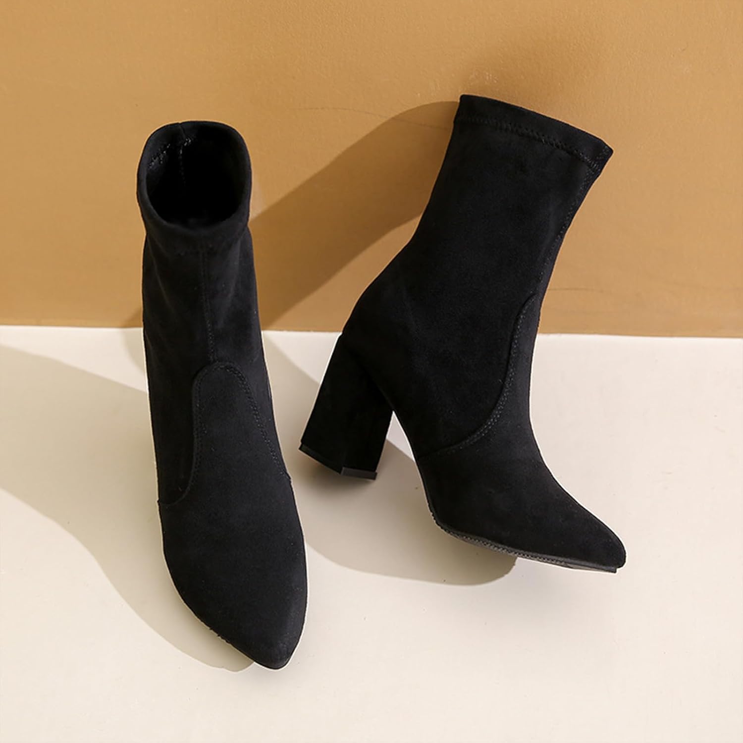 Chunky Heeled Ankle Boots For Women Suede Pointed Toe Comfortable Stretch Pull On Non Slip Fall Short Booties