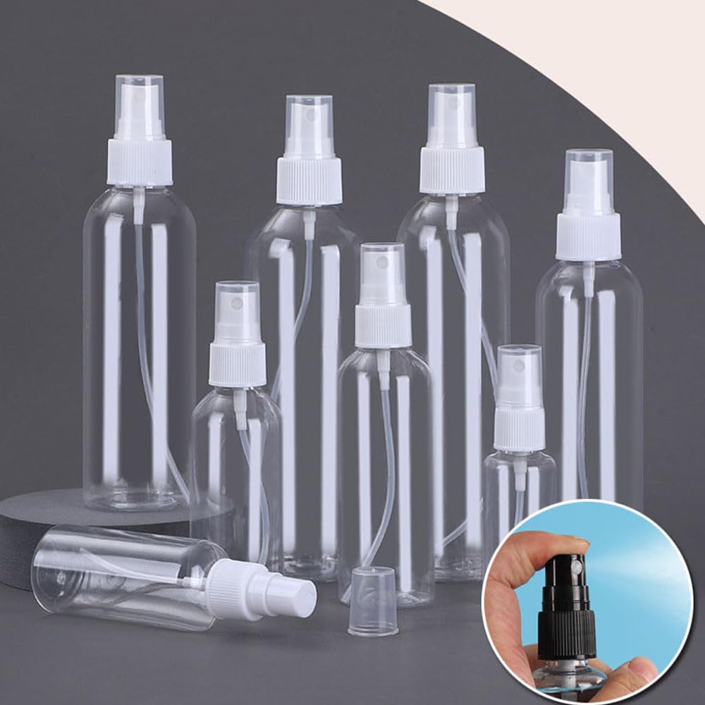 50 Atomizadores Vacíos Transparentes de Plástico 5-250ml, Recipientes Recargables Portátiles para Perfume, Alcohol y Muestras Cosméticas (50,200ml,Tapón negro)