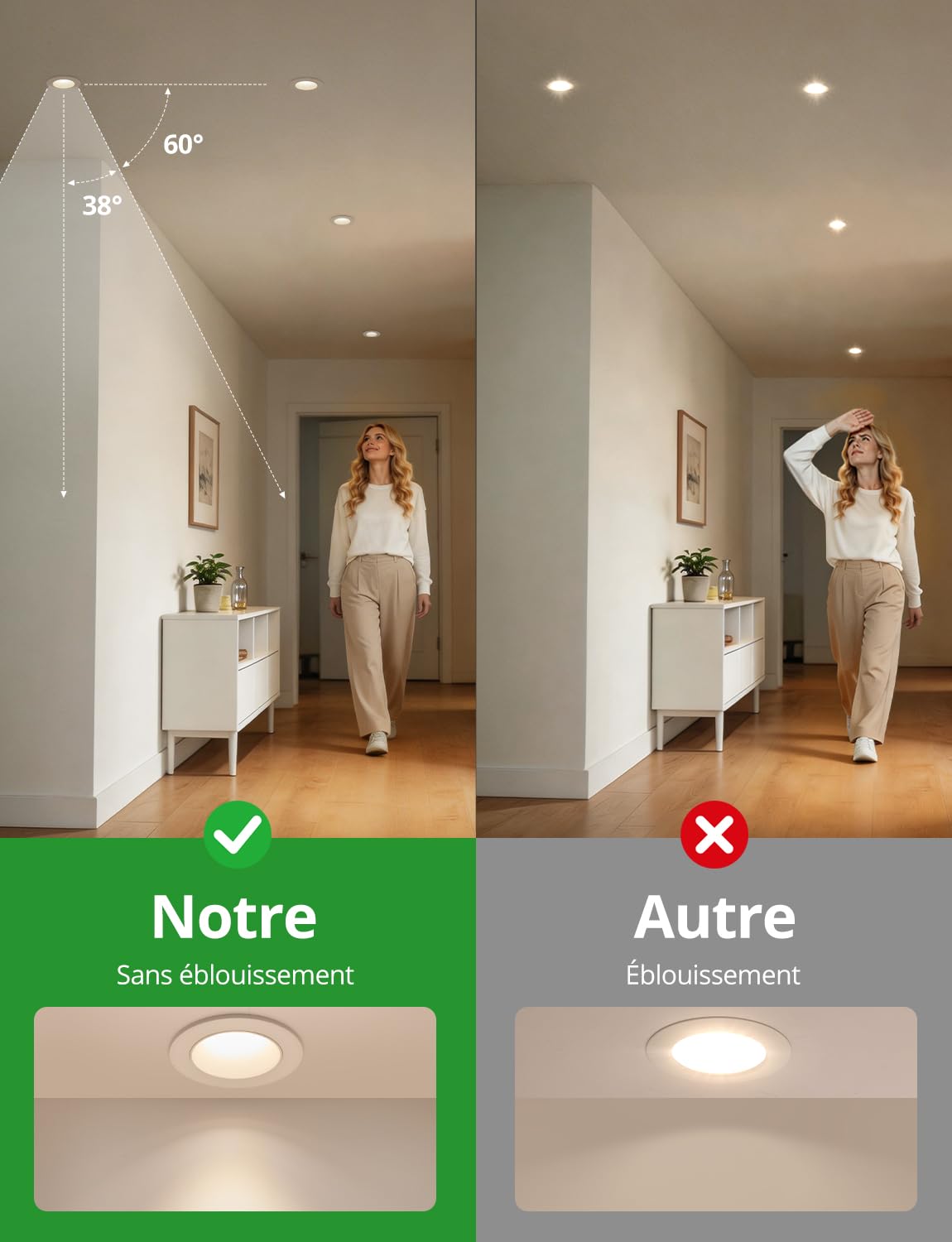 HOMEOW Spot Led Encastrable Anti-éblouissement 7W COB 660LM 68mm-80mm Découpe 3 Températures de Couleur IRC 95 IP44 Lot de 6