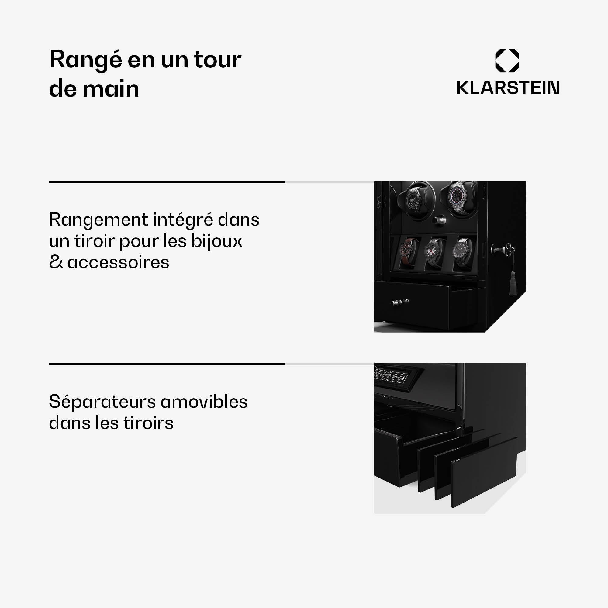 KLARSTEIN ChronoVault Remontoir de Montre Automatique – Boite à Montre Automatique pour 5 Montres, Moteur Silencieux Japonais, Cuir végétal, 4 Modes de Rotation, LED & tiroir à Bijoux