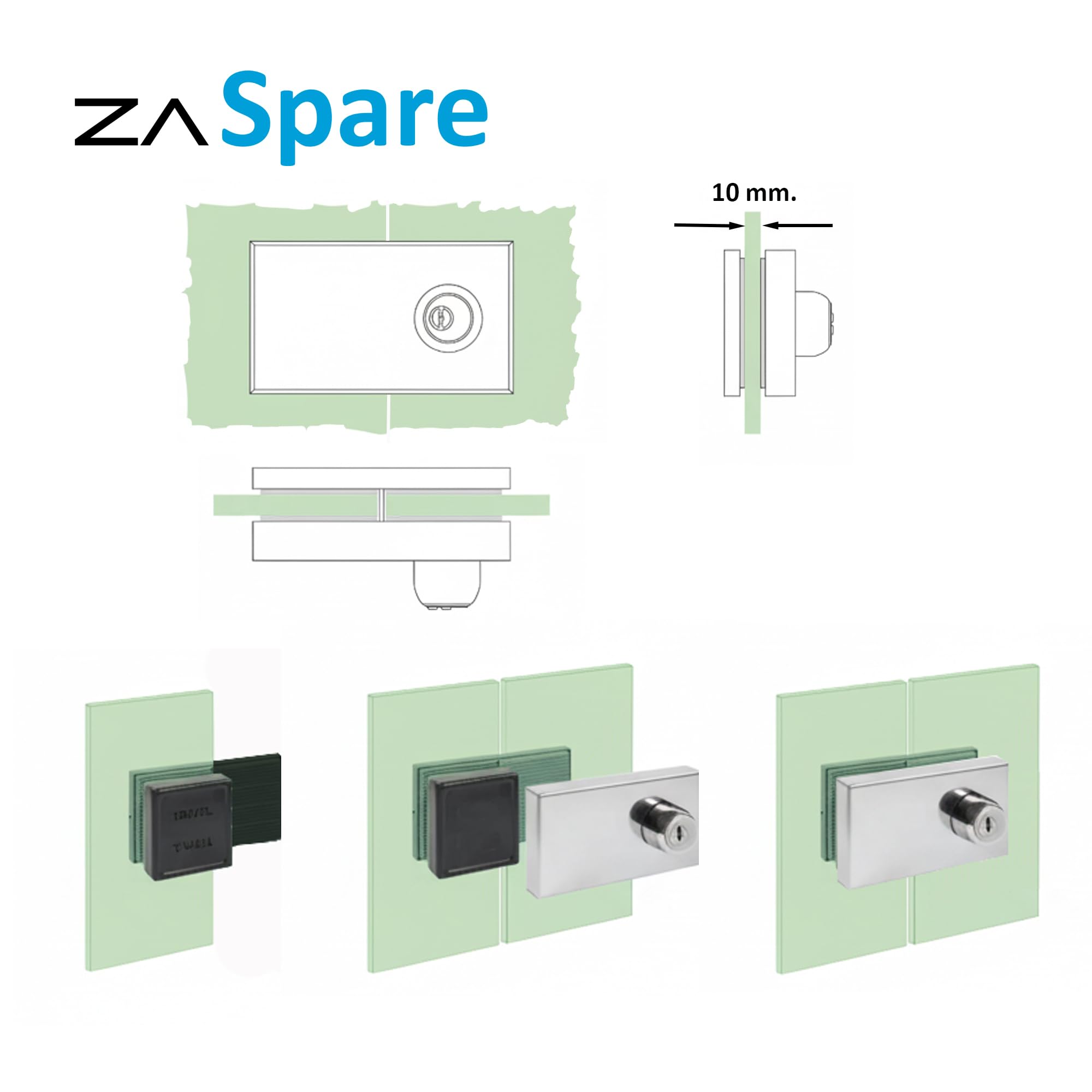 Cerradura para Puerta de Cristal sin Perforación en Acero Inoxidable AISI 304, Alta Seguridad con 5 Llaves, Ideal Oficinas y Locales Profesionales, Compatible con Puertas de Cristal de 10 mm.
