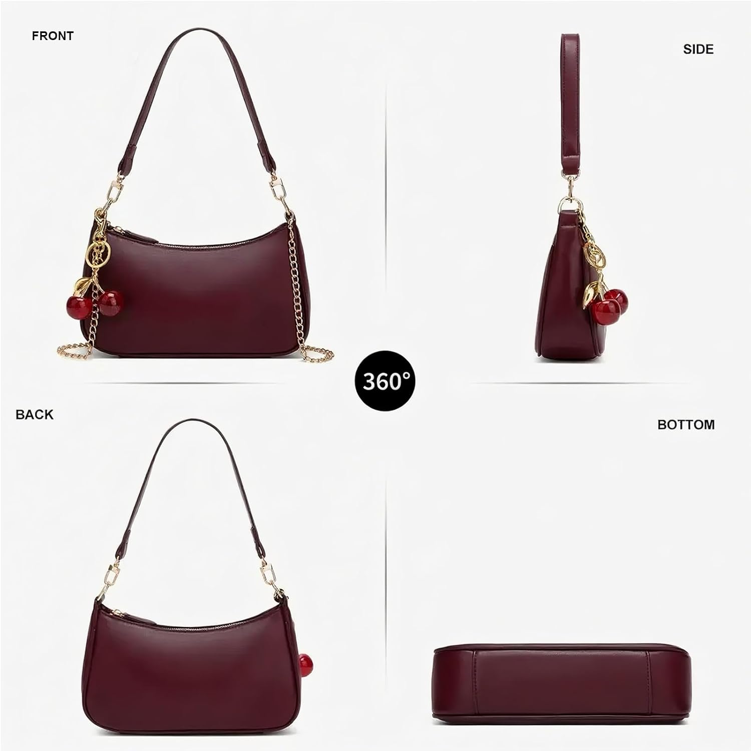 Black Shoulder Bag for Women Cute Hobo Cherry Purse Retro Clutch Underarm Handbag with Removable Straps