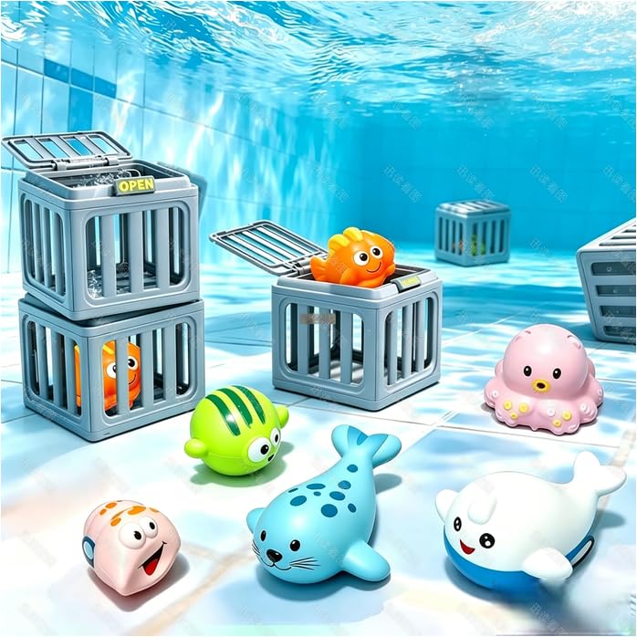Summer Kids Pool Diving Toys, Water Swimming Dive Pool Game, Toddler Bath Toy Play Set with Fish Box Floating Animals, Fun Outdoor Beach Lake Swim Summer Party Gift for Boy Girl Kids Water Toys (g) — image 1