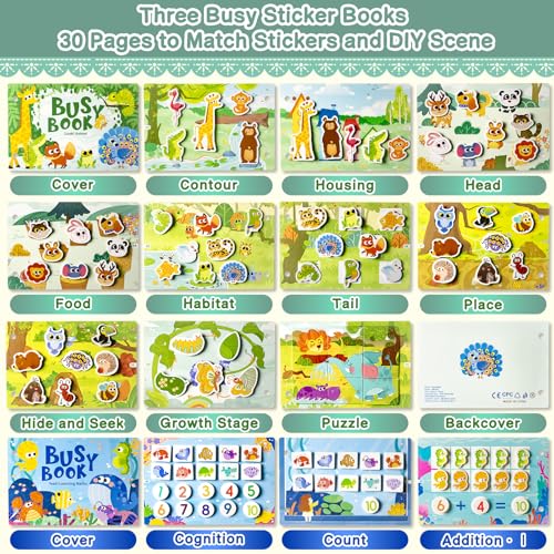 Image of 3 Pack Busy Books for Toddlers, Montessori Quiet Book, Preschool Learning Activities Educational Workbook, Sorting Matching Sticker Fixing, Gifts for Kids Age 3+ (Animal, Ocean, Dinosaur)