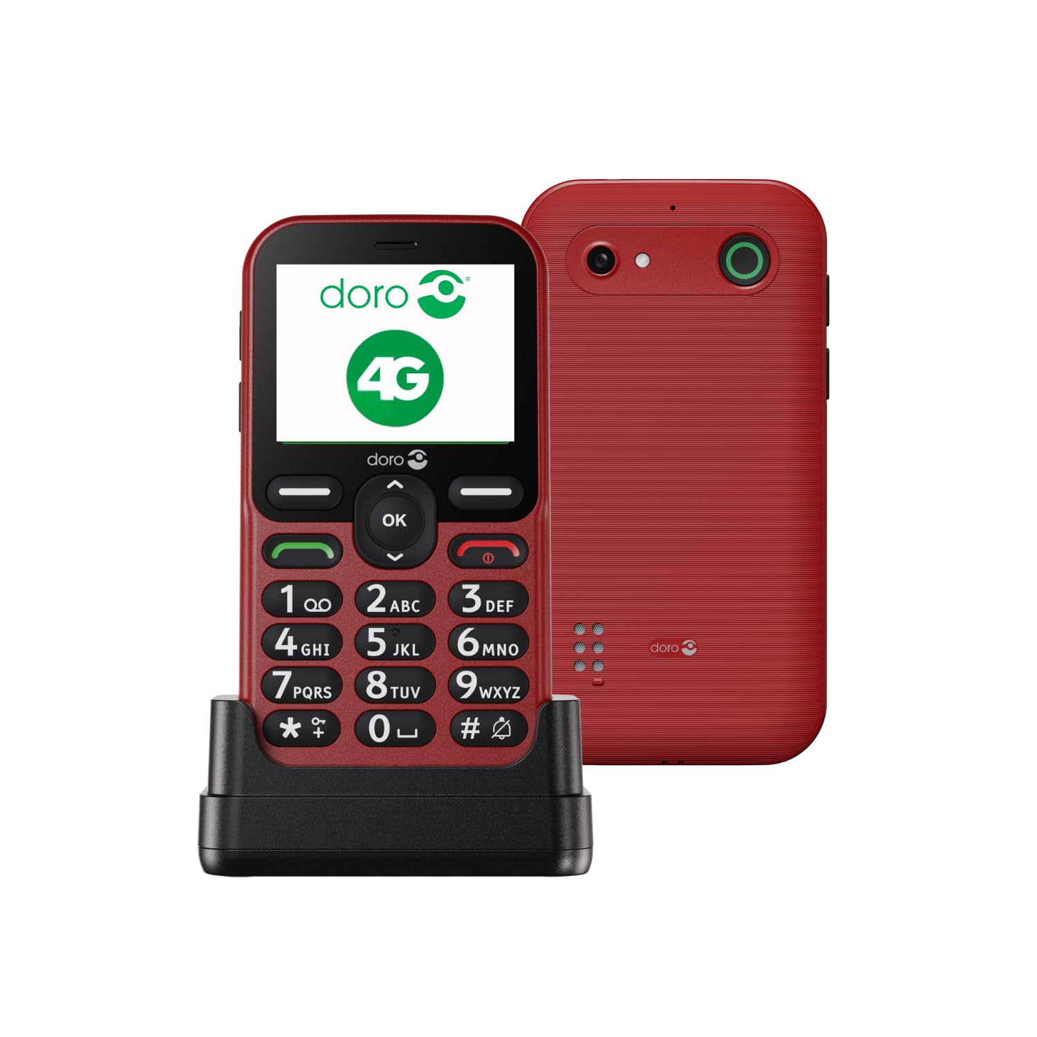 Doro - Hebel-Telefon E10 - Handy für Senioren - Horizontales Display, kontrastreiche Tasten, lauter und klarer Audio, HD Voice, Kamera, Secure Button - Ladestation - Rot