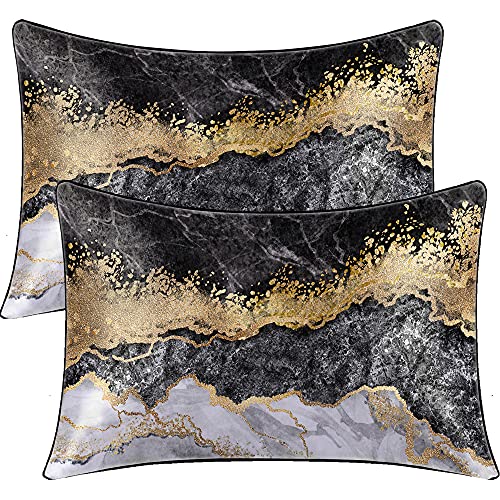 BlessLiving Modern Satin Silk Pillowcase for Hair and Skin, Black Gold Marble Pillow Cases Set of 2 Pack Soft Pillow Cover with Envelope Closure Boys Men Bedding Gifts (King(20''x40''))