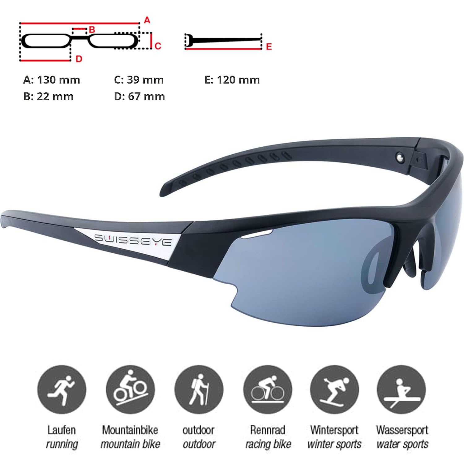 SWISSEYE Gardosa Re+ S Sportbrille (100% UVA-, UVB- und UVC-Schutz, splitterfreies Material, inkl. Etui & 2 Wechselscheiben)