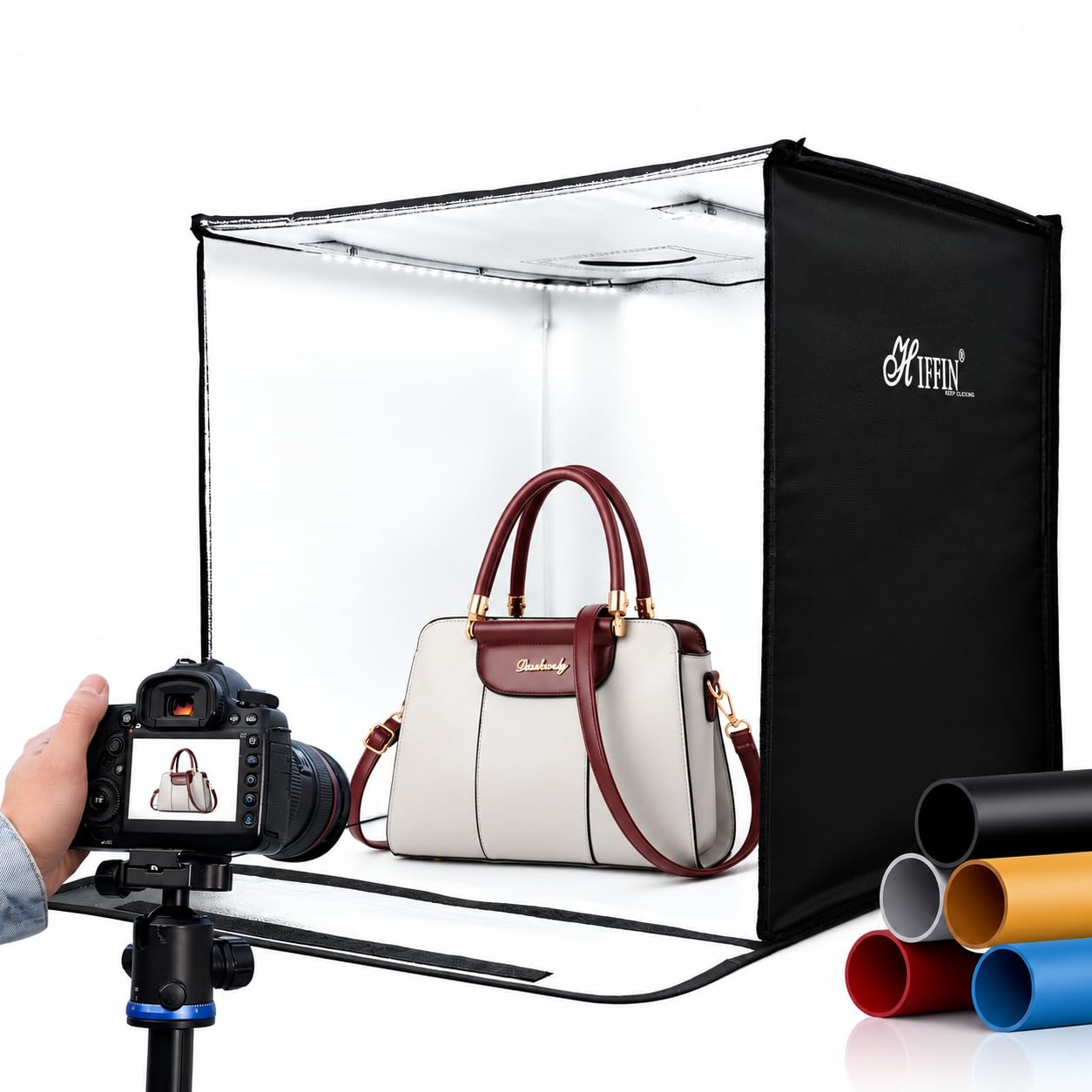 HIFFIN 60X60Cm Professional Photo Studio Portable Light Tent with Two Magnet Led Strips and 3 Backdrop White, Black, Yellow with Controller Adapter Min.3V-Max.12V-image-29