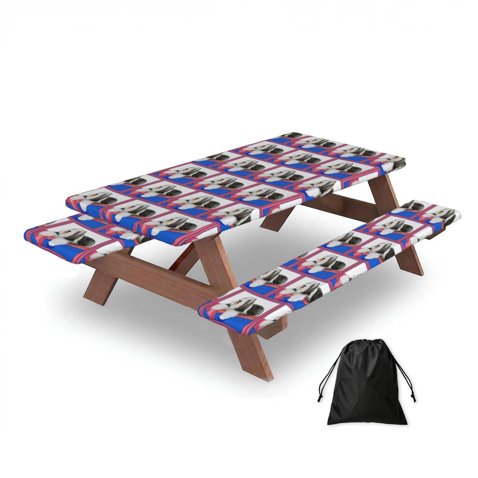 Bearded_Collie, Picnic Table Cover With Bench Covers -Waterproof Elastic Fitted Tablecloth for Garden Camping Patio 76x152cm