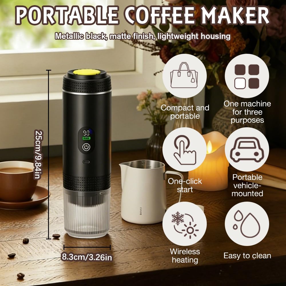 Cafetera Portátil 3 en 1, Mini Cafetera Portátil de Espresso y Capsulas, Autocalentamiento de 5 Minutos, Compatible con Cápsulas y Café Molido, Carga Rápida USB-C, para Acampadas, Senderismo