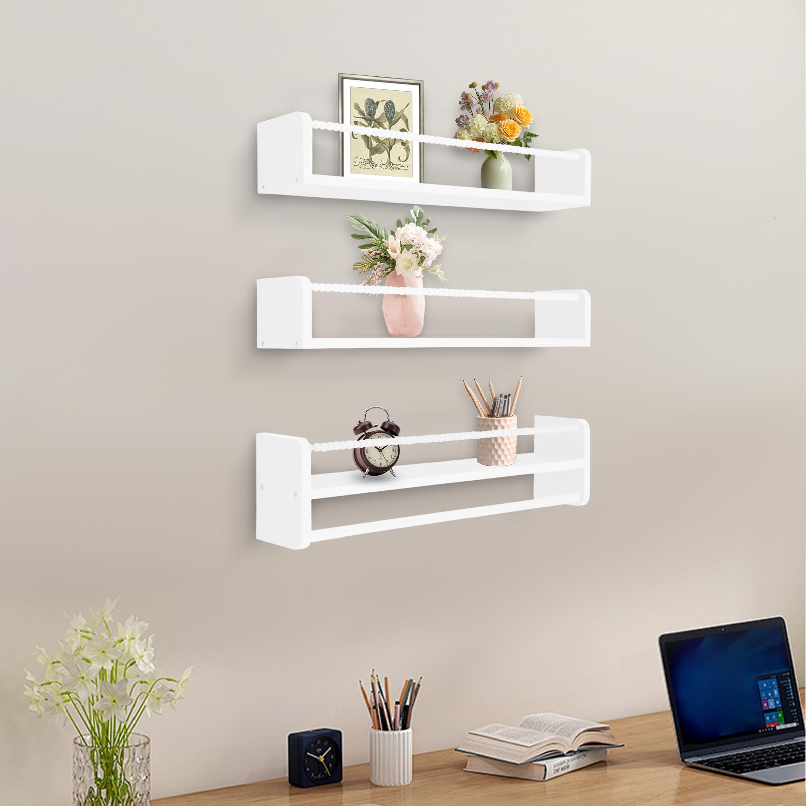 Juego de 3 estanterías infantiles de 58 cm, estantes flotantes de madera con barreras de perlas de madera, para salón, cocina, dormitorio, color blanco