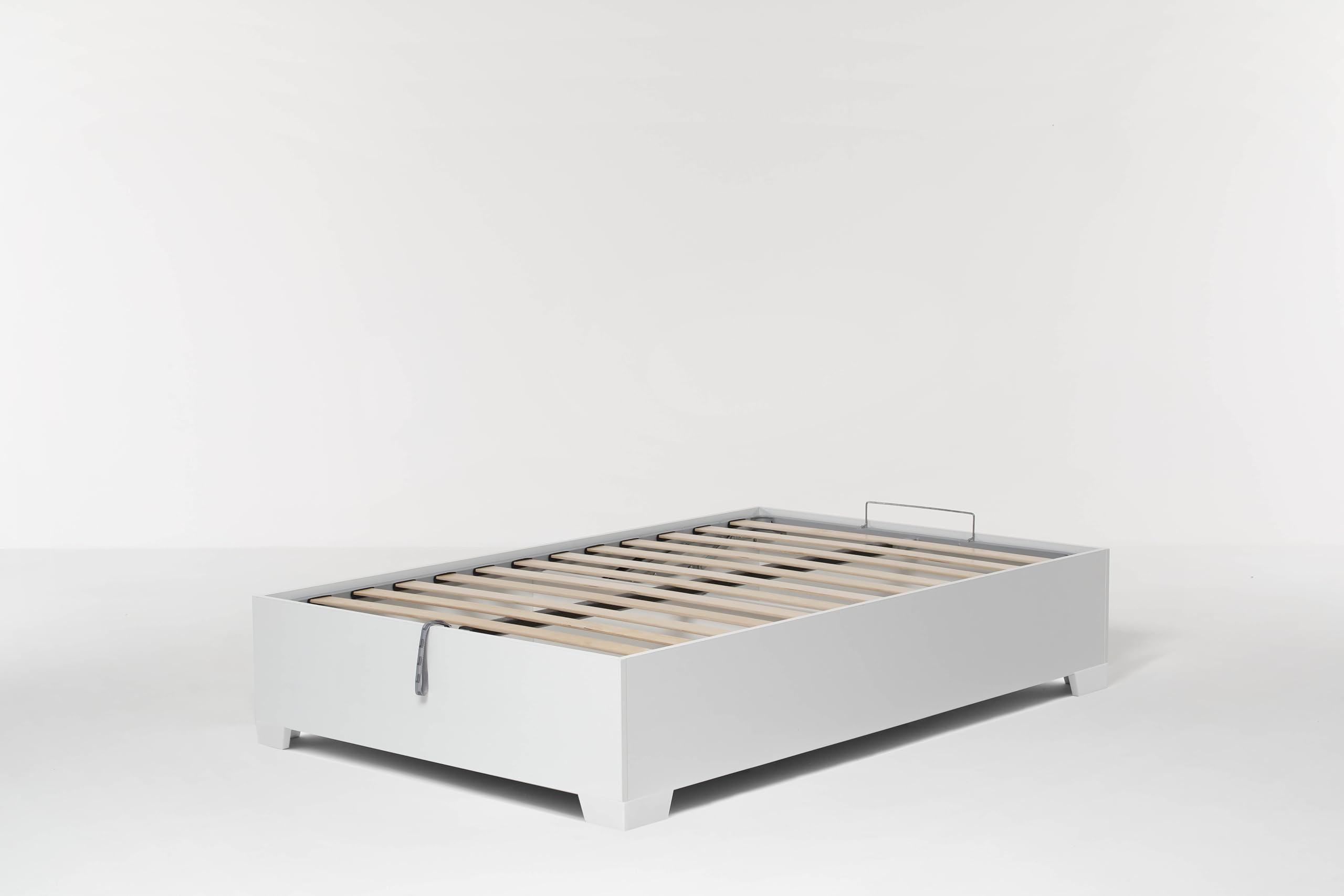 Letto Contenitore Bed Box da una piazza e mezza 120x190 cm, Bianco, con piedini, con Rete a Doghe e Sistema di Sollevamento