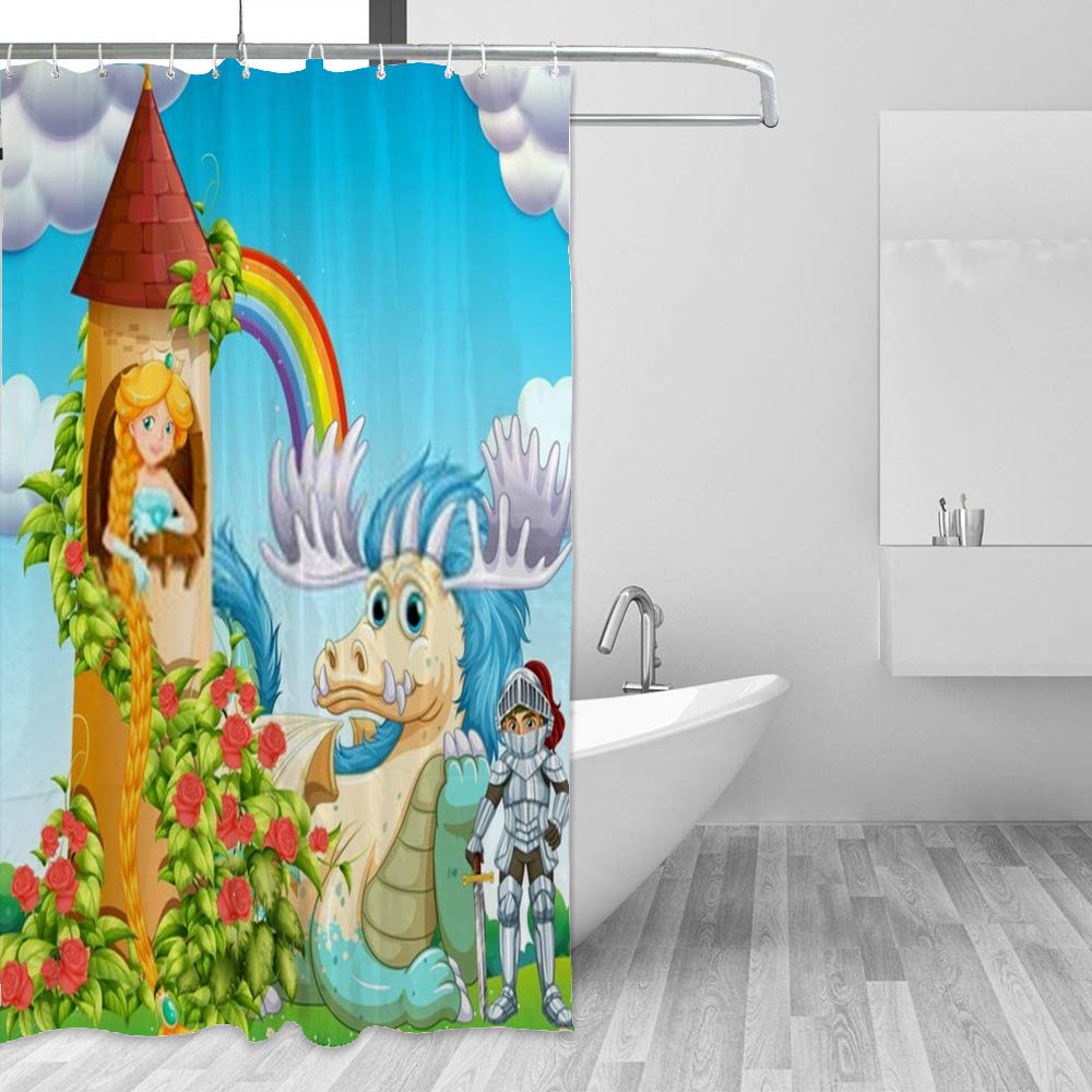 Rideau de douche imperméable salle de bain motif princesse chevalier dragon lavable
