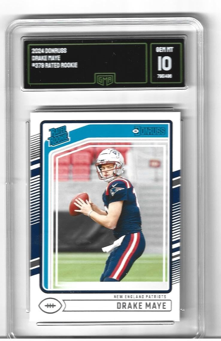Graded Gem Mint 10 Drake Maye Football Rookie Card 2024 Donruss Rated #379 Patriots Young Star Quarterback