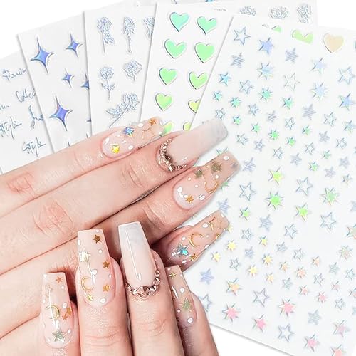 CalcomanĂas de arte de uñas con estrellas 6 hojas de lujo para arte de uñas calcomanĂas autoadhesivas 3D letras de corazĂłn flores estrellas luna CalcomanĂas de arte de uñas con estrellas 6 hojas de lujo para arte de uñas calcomanĂas autoadhesivas 3D letras de corazĂłn flores estrellas luna