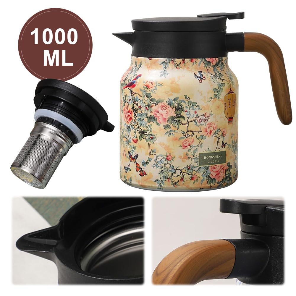 Vintage Bloementhee Thermoskan Met Ingebouwde Infuser, 1000ml Roestvrij Stalen Thermische Karaf Theepot Voor Thuis Kantoor Vintage Bloementhee Thermoskan Met Ingebouwde Infuser, 1000ml Roestvrij Stalen Thermische Karaf Theepot Voor Thuis Kantoor