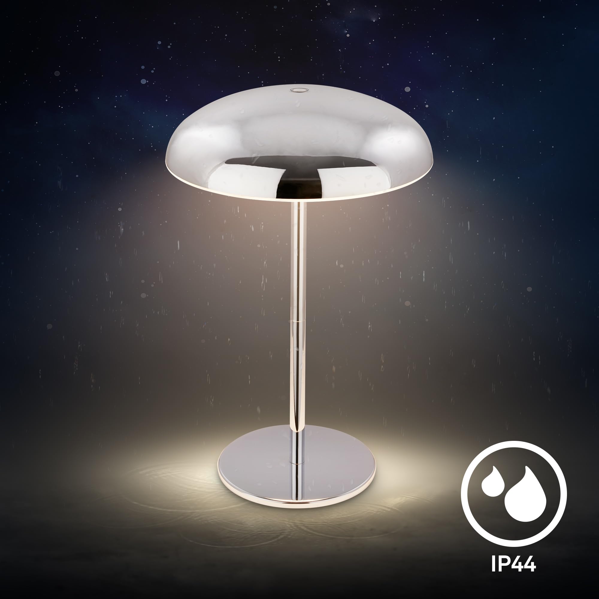 BRILONER - Lampara de mesa sin cable LED IP44 con borde luminoso, regulador táctil, batería intercambiable, lampara mesita noche sin cable, lampara mesa recargable, 19,5x30,5 cm, cromo