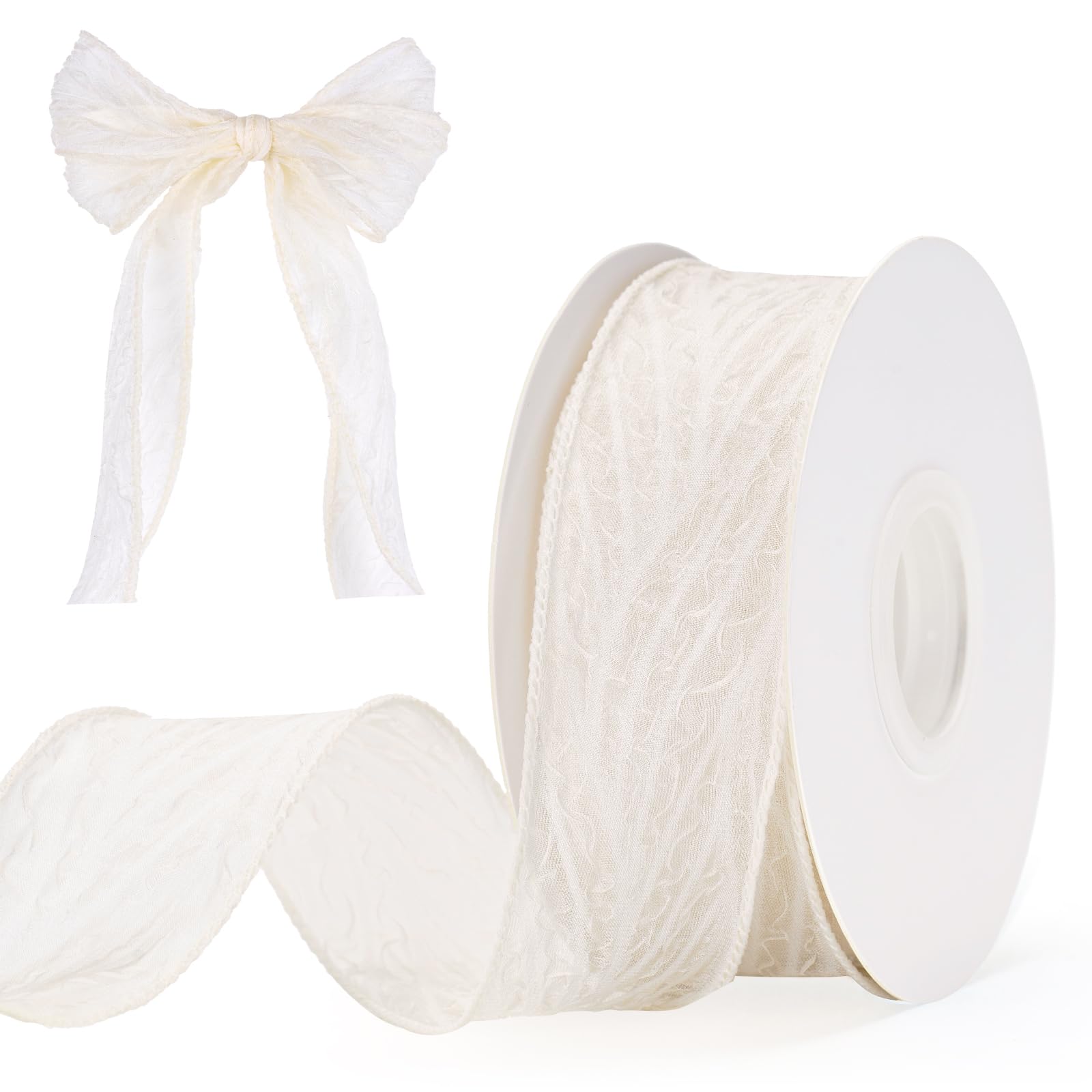 G2PLUS Beige Crinkled Organza Ribbon: 10 Yards 40mm Sheer Gift Wrapping Ribbon with Edges for DIY Crafts, Bouquet Decoration, Wedding, Baby Shower
