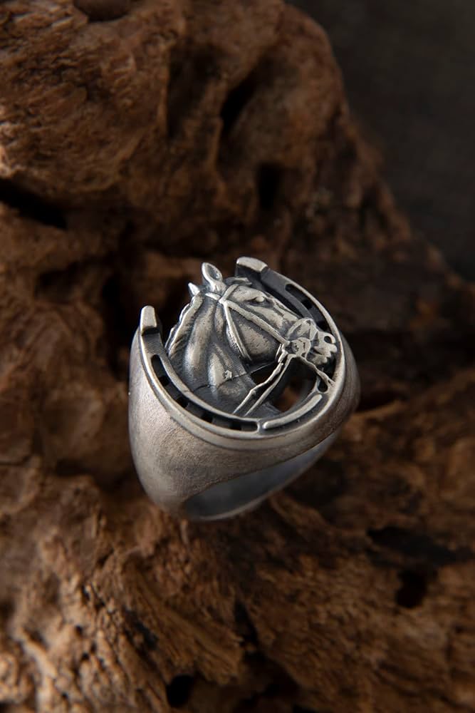 SILVER HORSES リング Solid 925 Sterling Silver Men's Horseshoe with Horse Head
