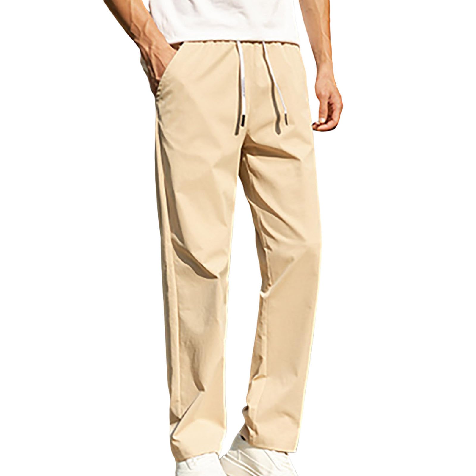 Mens Casual Straight Leg Pants Elastic Waist Drawstring Lightweight Lounge Pant Loose Comfy Long Trousers with Pocket