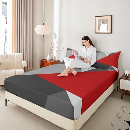 Miniatura 7 de Erosebridal Juego de sábanas geométricas de retazos de bolsillo profundo para niños y niñas, juego de ropa de cama con estampado triangular simple,