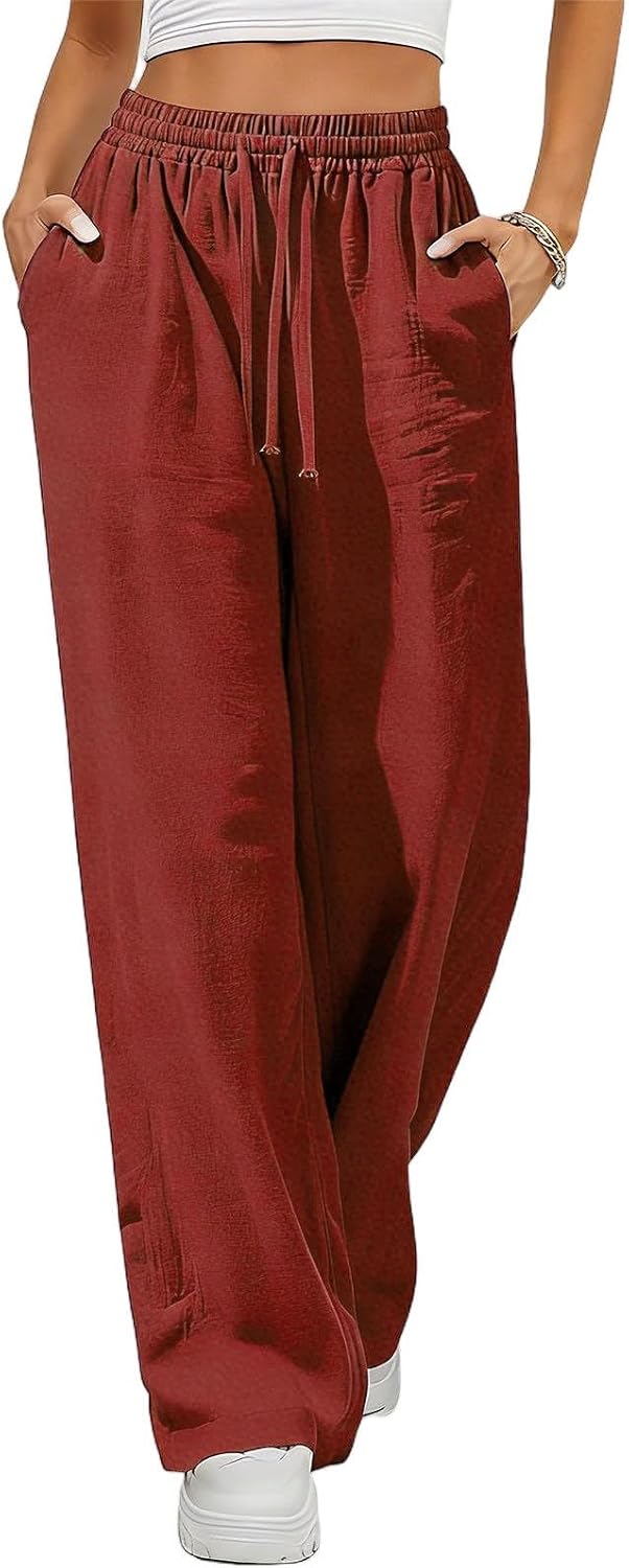 Linen Pants Women Wide Leg Palazzo Pants Beach Vacation Outfits Cotton Summer Drawstring Flowy Trousers with Pockets