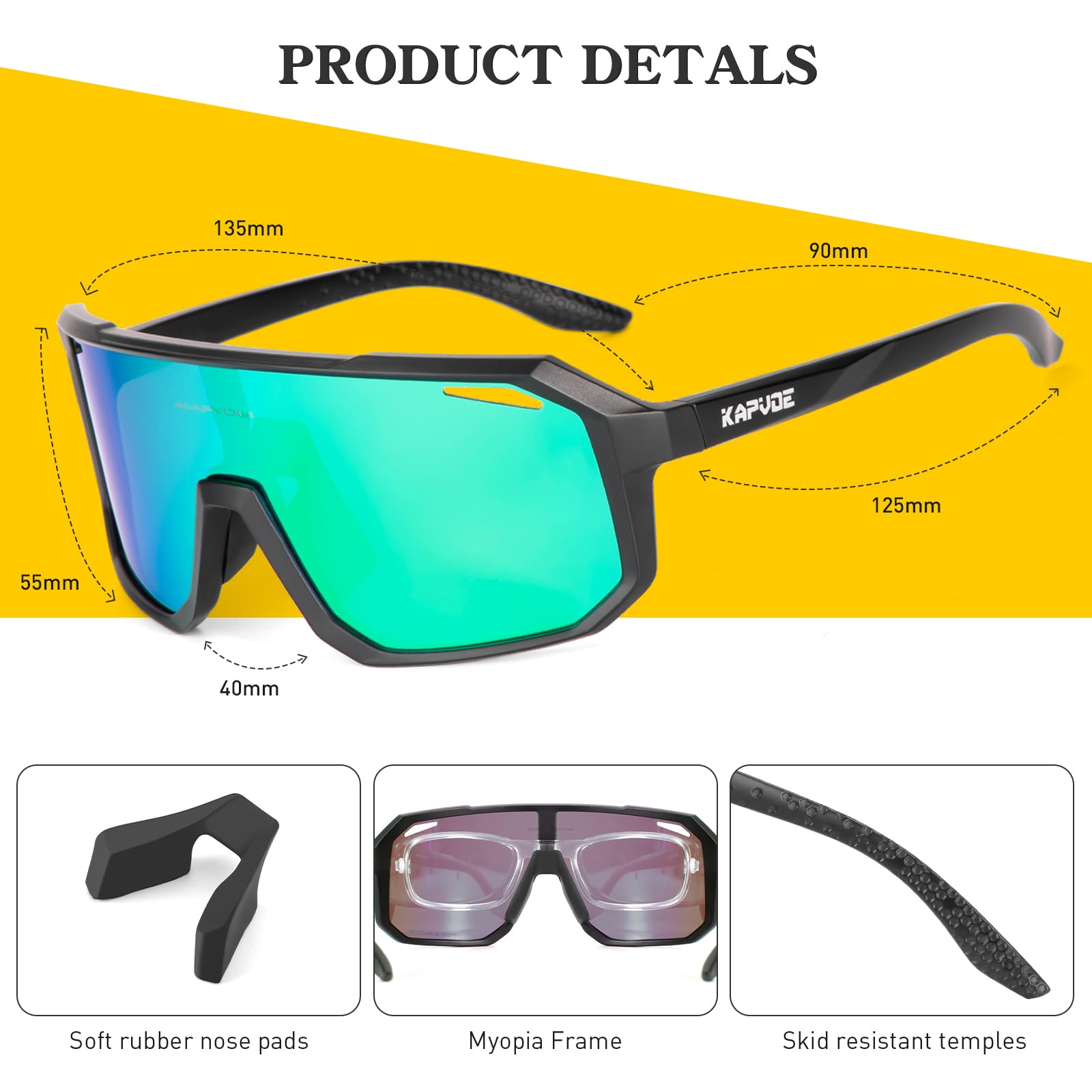 KAPVOE Gepolariseerde fietsbril voor heren en dames, racefietsbril, sportzonnebril, TR90, MTB-bril, fietsbril, wielerbril, UV400-bescherming, sportbril, fietsen, mountainbiken, hardlopen, volleyballen