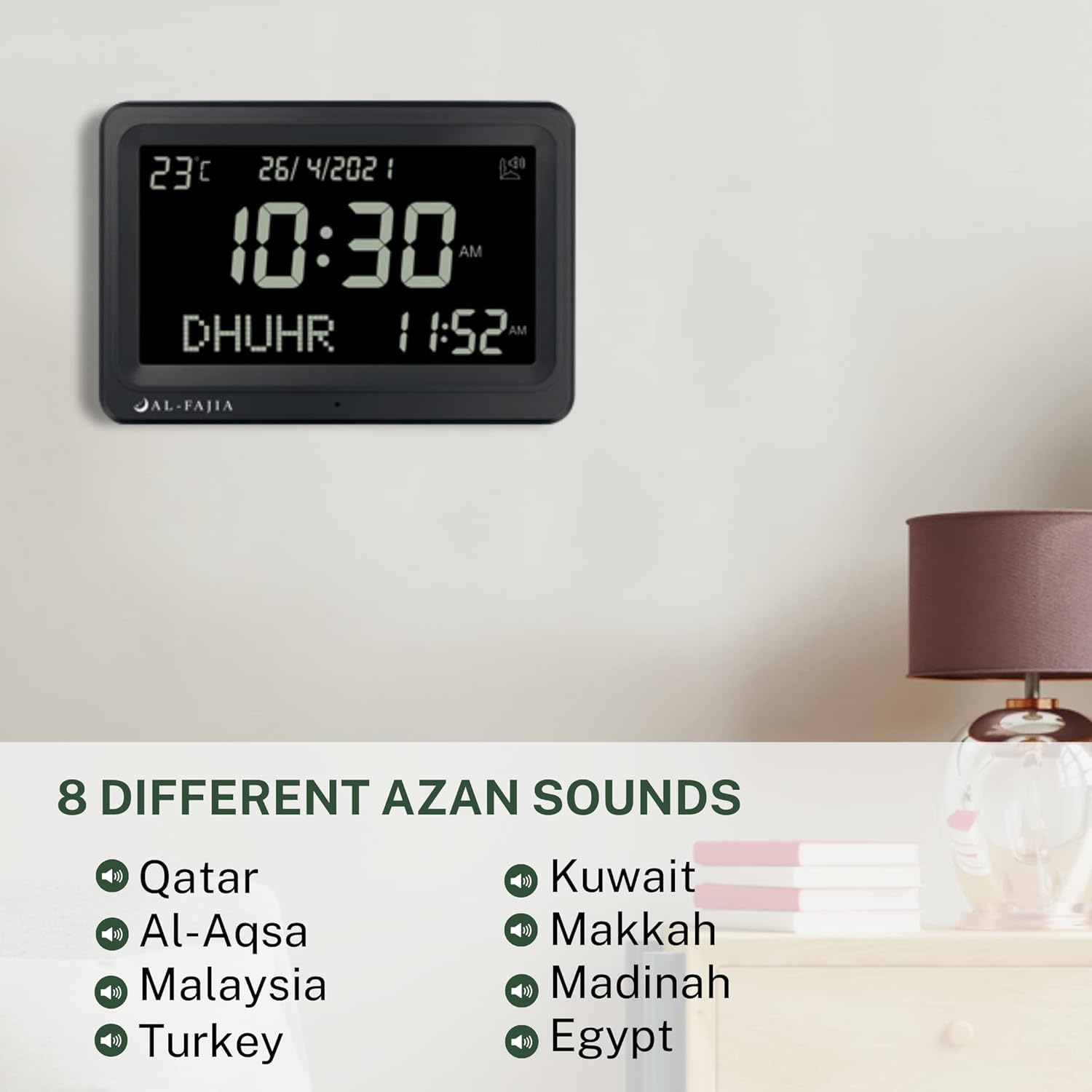 Azan-Uhr, automatisch, weltweit, digital, 8 Azan-Gebetsgeräusche, muslimische Gebetsuhr für (schwarz)