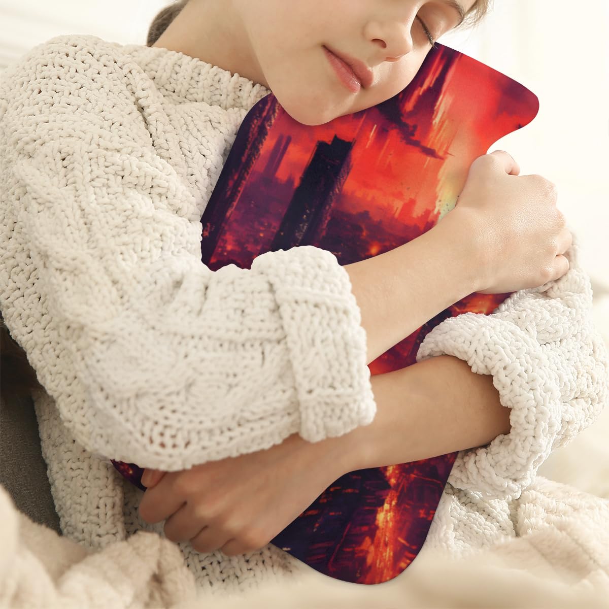 Hot Water Bottle with Soft Cover,2L Mystical City Hot Water Bag for Hot and Cold Compress, Hand Feet Warmer, Sunset City Rubber Hot or Cold Water Bottle Halloween Christmas Decorations