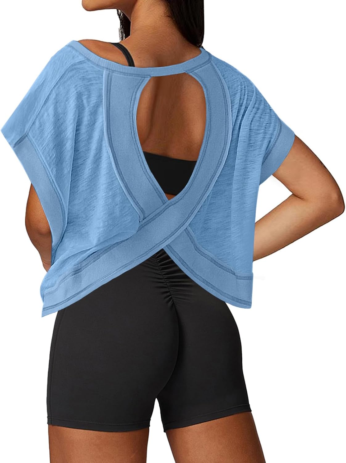 UNIANKIYA Open Back Workout Tops for Women Loose Fit Athletic Crop Tee Short Sleeve Gym Running Yoga Shirt