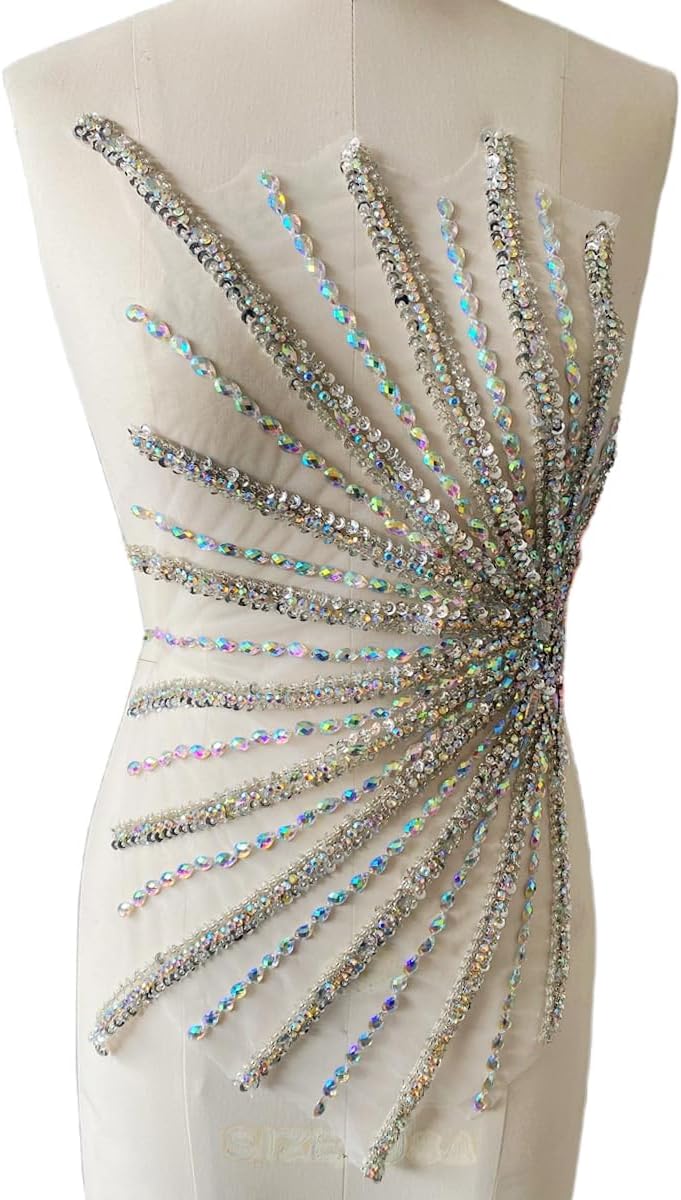 Handmade Rhinestones Beads Patches Trim Bodice apploique for Graduation Dress Evening Party Dress DIY Accessories 13.7X22inches (Black)