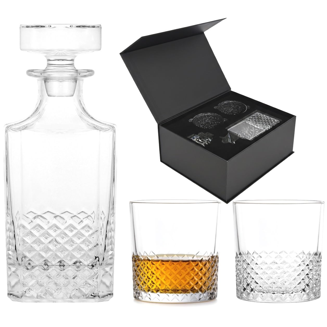 Glasmark Krosno 1992 Caraffa con Bicchieri 3 pezzi per Whisky e Distillati - Caraffa in Vetro 750 ml e 2 Bicchieri 290 ml - in Scatola Regalo Nera - Decoro Molato