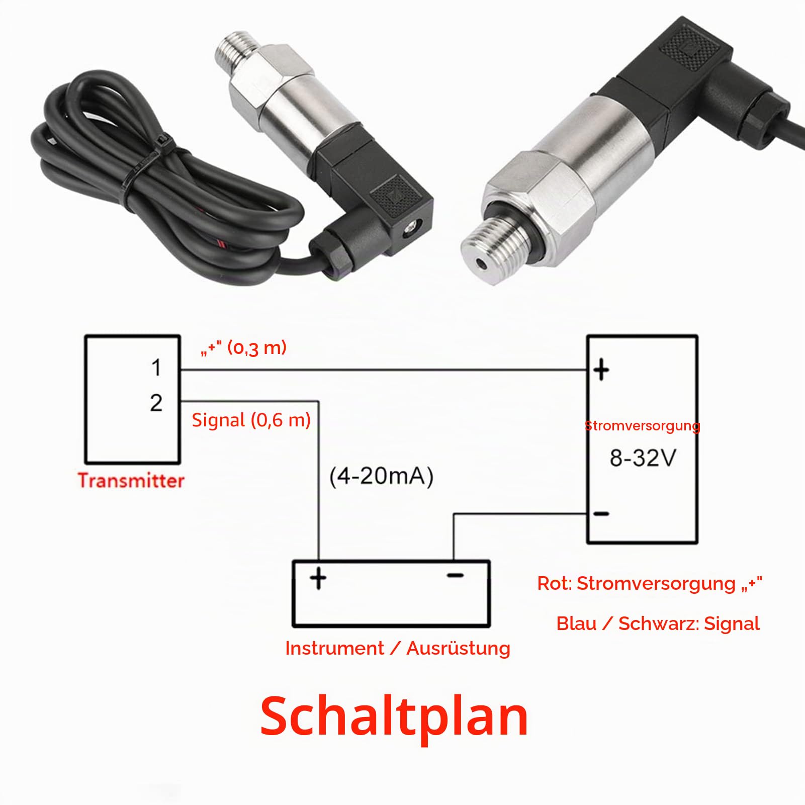 DEWIN Drucksensor, Druckmessumformer 4-20mA Ausgang G1/4" Silizium Druckmessumformer für Wasser Gas Öl (0-1MPA)