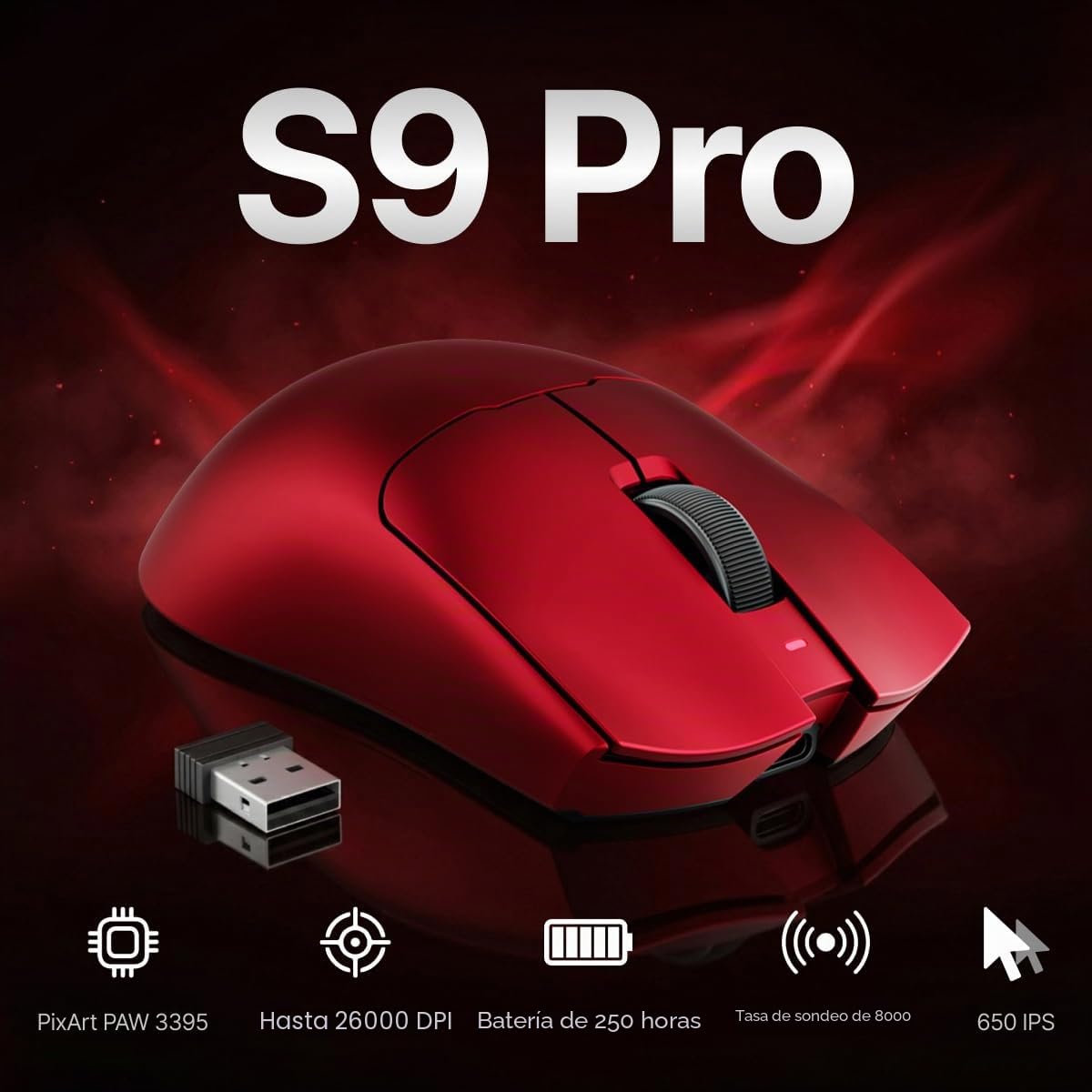 EWEADN S9 Pro - Ratón inalámbrico para juegos, mouse ergonómico de 59 g, 2.4 GHz/Bluetooth/USB-C, tasa de sondeo de 8K, 26000 DPI, sensor óptico PAW3395, batería de 250 horas, programable para PC/Win