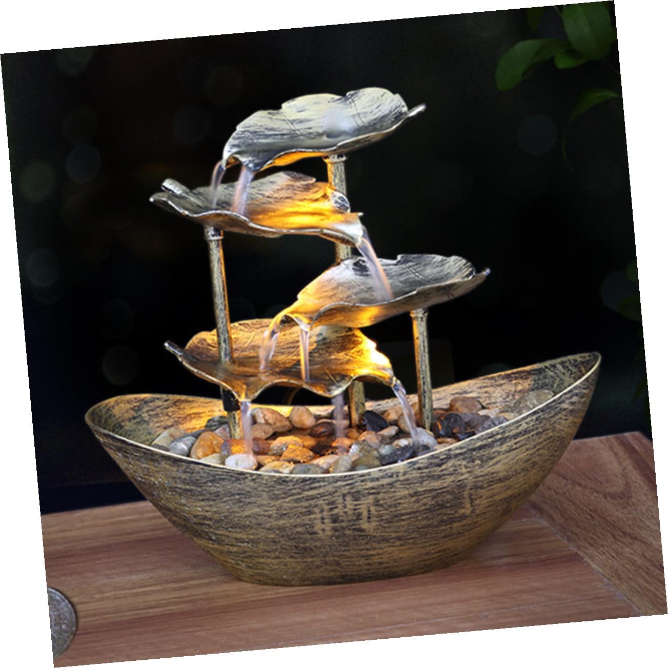 Generic Creative Desktop Lotus Leaf Ingot Fountain with Flowing Water LED Night Light Tabletop Decor for Bedroom Living Office Indoor Waterfall Ornament