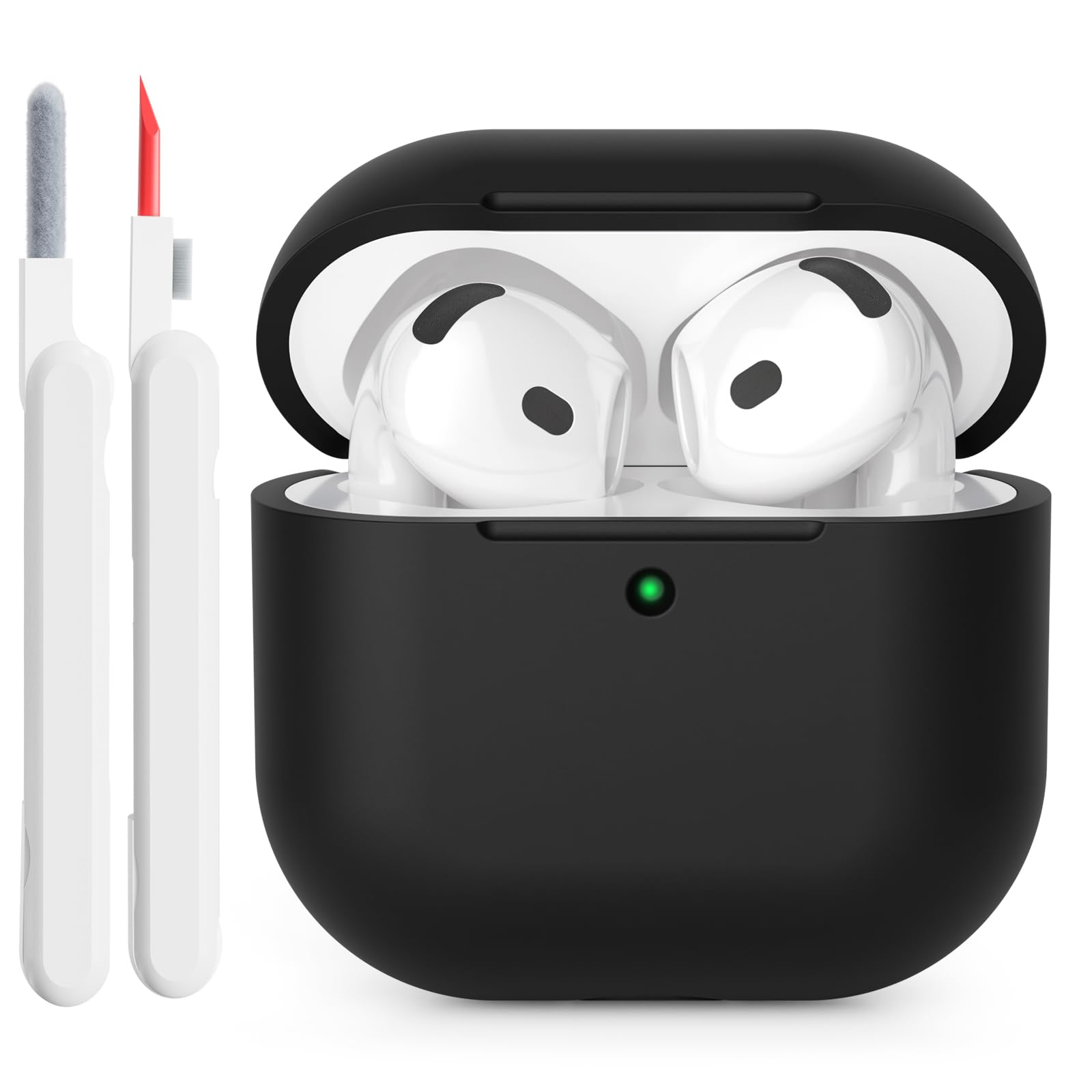 Coque Étui Protecteur Compatible avec AirPods 4 2024, LED Avant Peut être Visible, Housse en Silicone Anti-Choc Etui de Protection pour Airpods 4ᵉ Génération avec Kit de Nettoyage, Noir