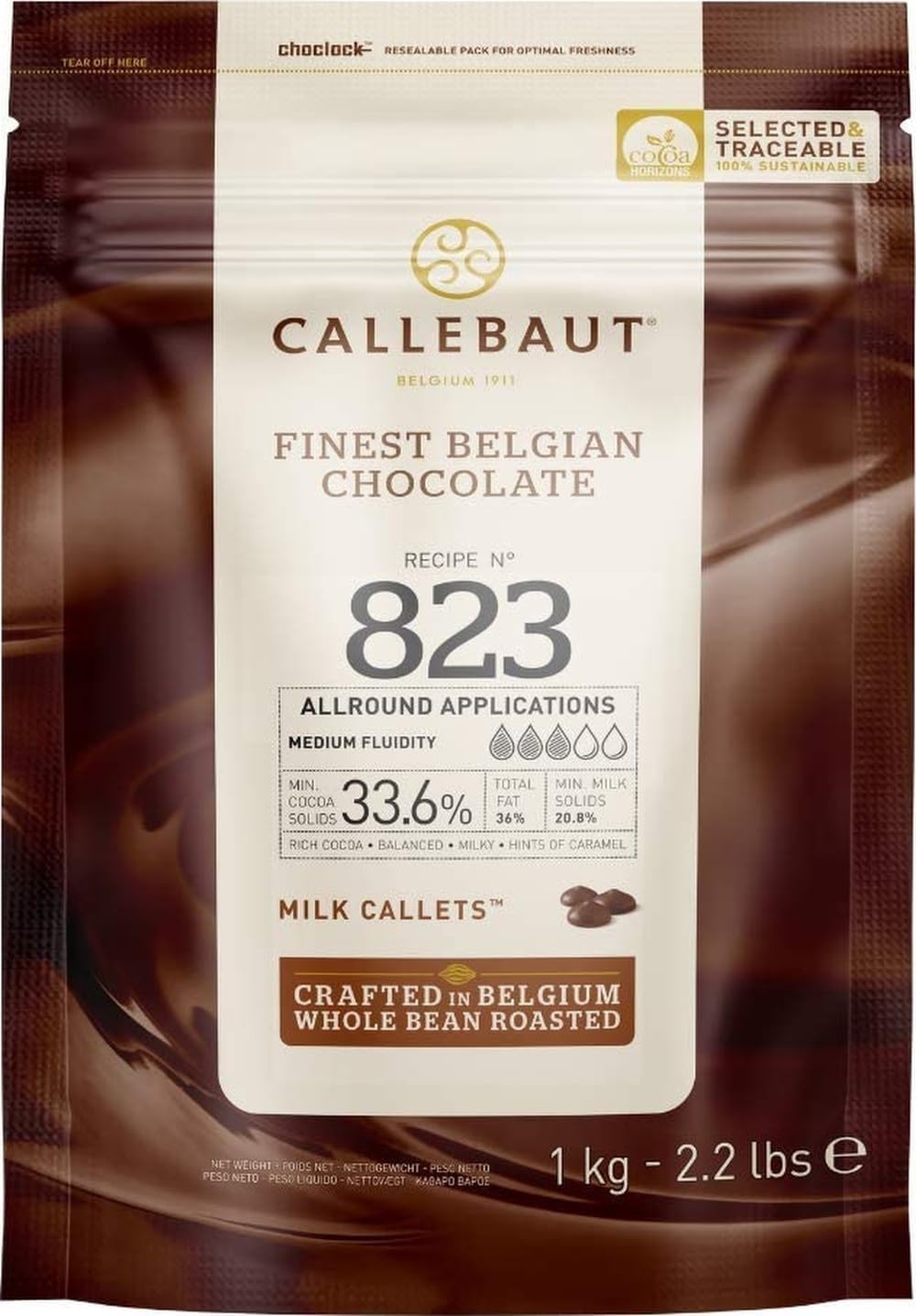 Callebaut 823 Finest Belgian Milk Chocolate Couverture Callets 33.6% Cocoa 1kg