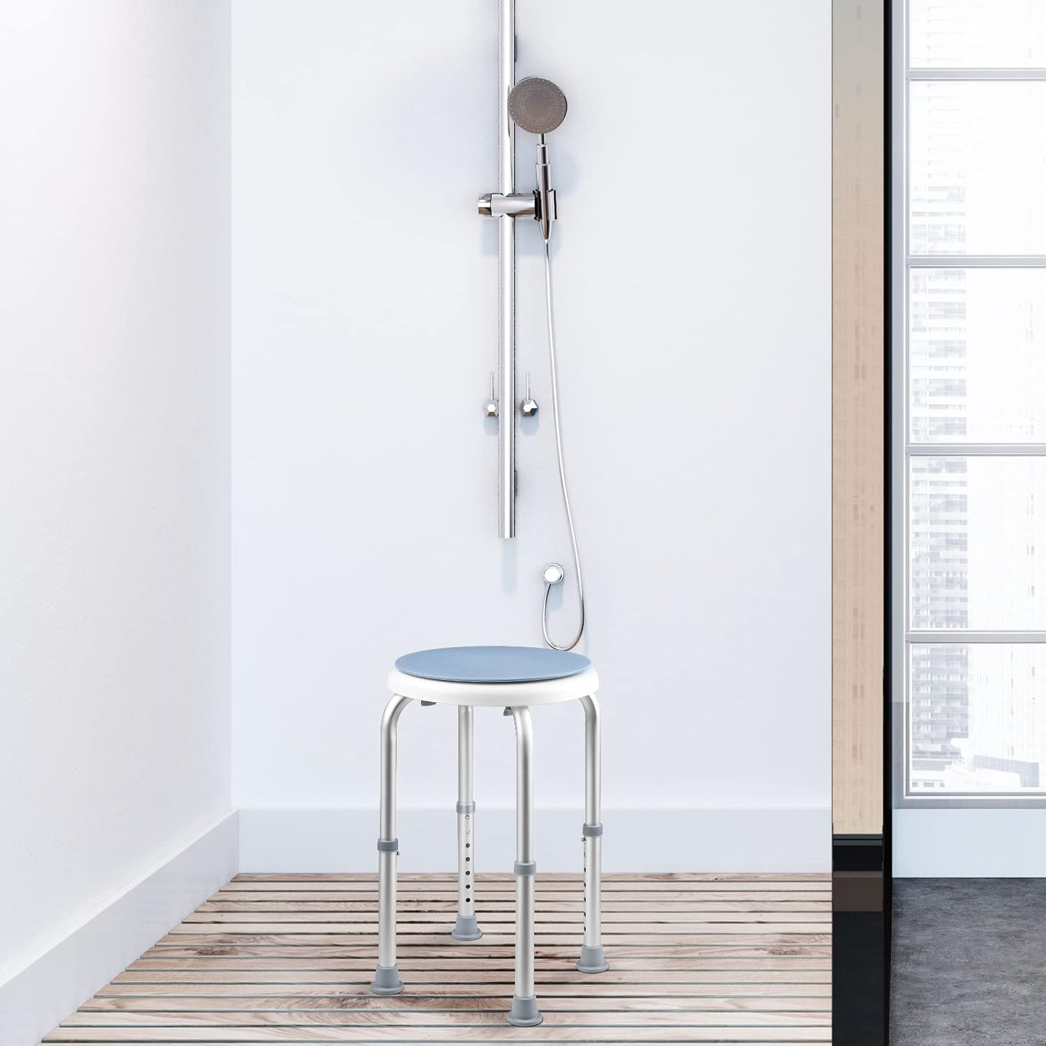 Taburete de ducha, giratorio 360°, taburete de baño con pies de goma antideslizantes, estable, 7 alturas ajustables (36 – 52 cm), para personas mayores, discapacitados, embarazadas