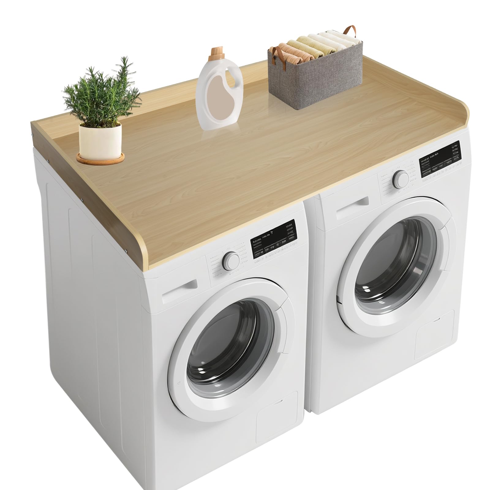 washer and dryer countertop,54" w x 27.5" d wooden laundry countertop cover with non-slip pads, large space laundry topper with edge rails, laundry room organization, natural wood color