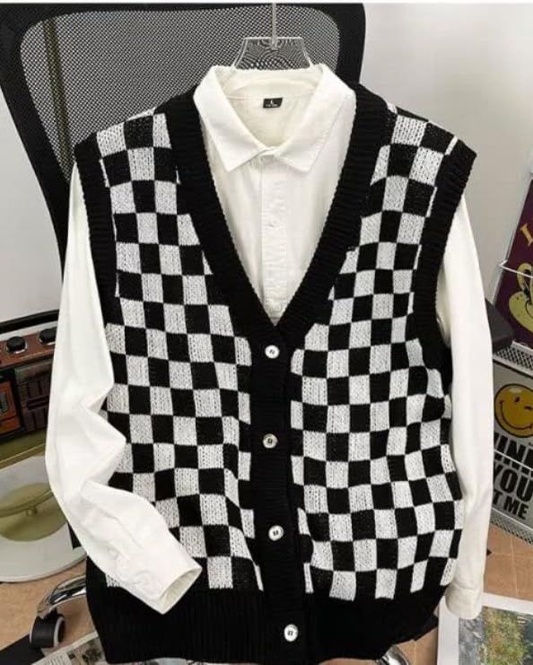 CORIRESHA Unisex Fashion Casual Checkerboard V-neck Button Design Knitted Sweater Vest4