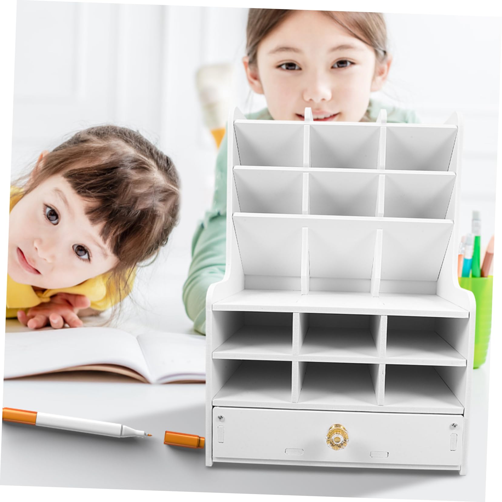 Portapenne da Scrivania a Cassetti, Grande Capienza, Bianco | Pvc e Pannello in Legno Plastico, Scomparti Multipli, Struttura Semplice, per Desktop e Studio