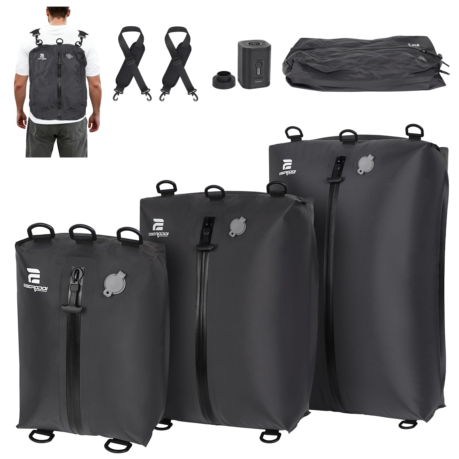 ESCRODOI Vacuum Bags for Travel with Pump, 3-Size Set Reusable Vacuum Compression Bags for Luggage, Space Saver IP67 Waterproof Vacuum Packing Cubes for Suitcase&Backpack, Black