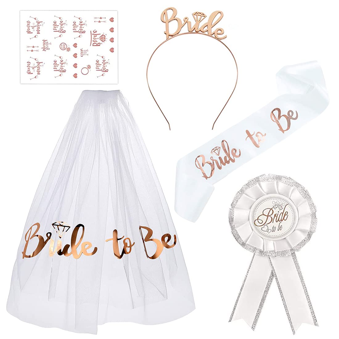 Bride to Be Sash, Hen Party Accessories, Bride to be Decorations Include Headband Tiara, Veil with Comb, Bride Sash, Tattoos, Badge, for Bridal Shower, Wedding, Bachelorette Party (White)