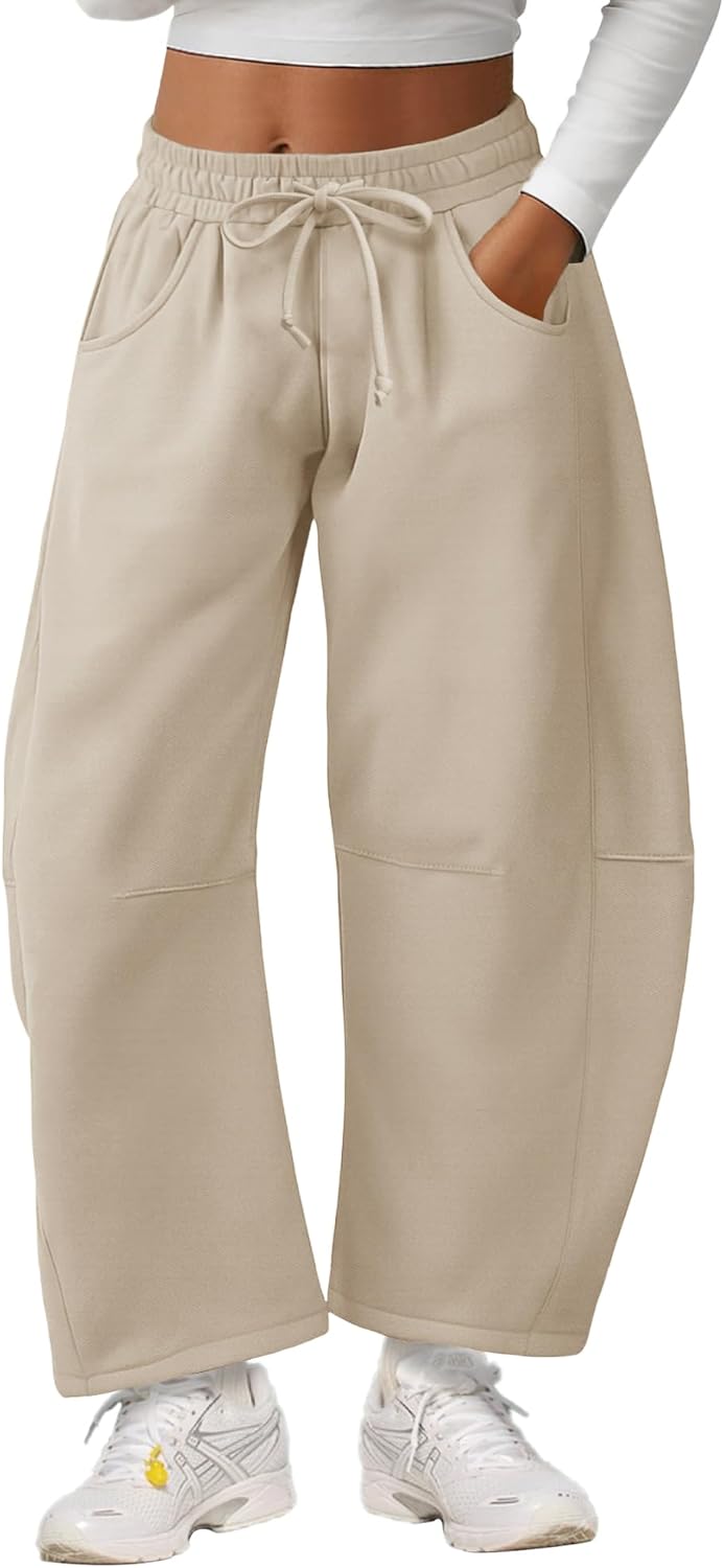 Barrel Sweatpants Women Wide Leg Gym Trousers with Pockets Apricot M