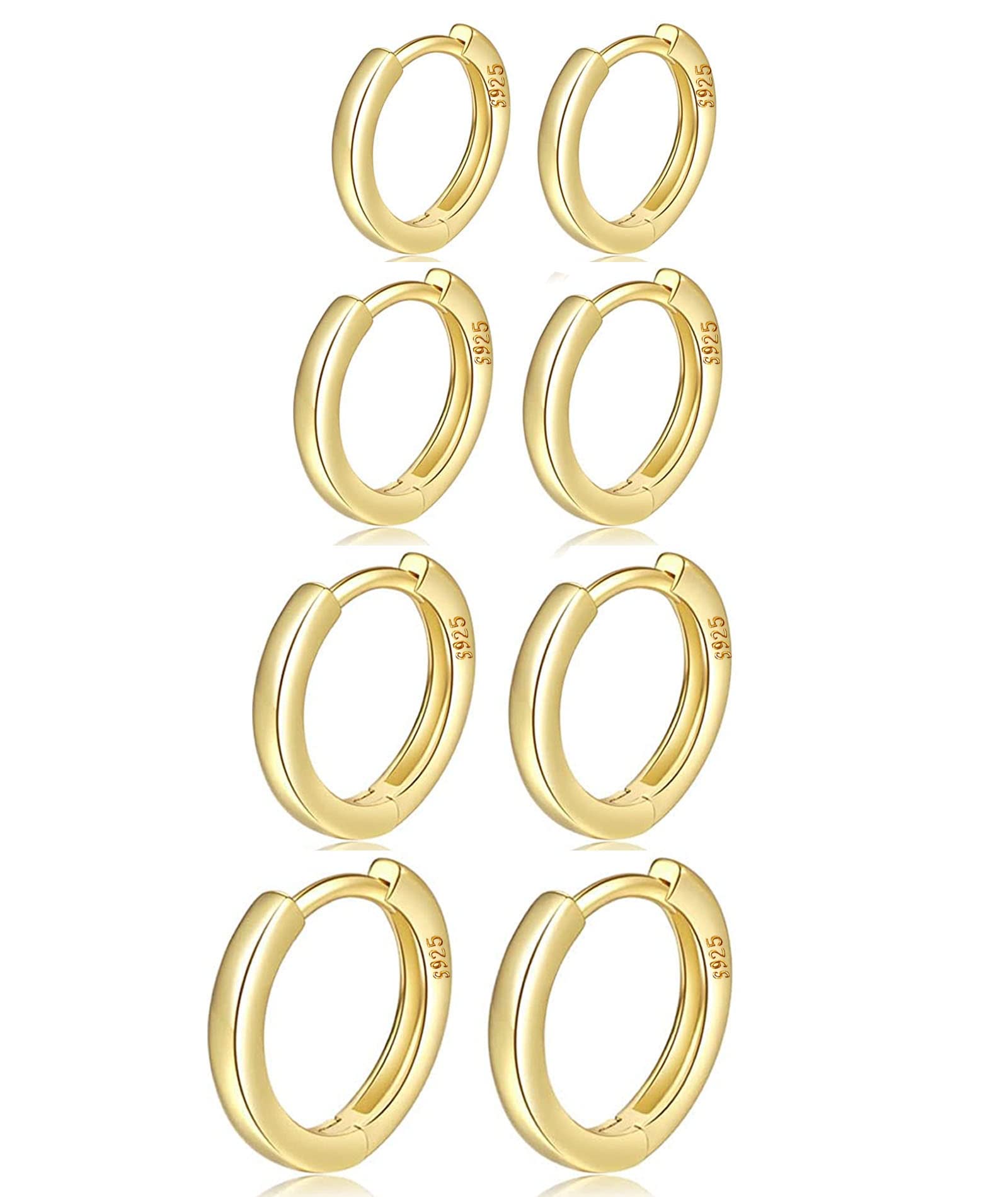 MOROTOLE 4 Paar kleine Creolen für Damen 925 Silber Post Huggie Set 18 Karat Gold/Silber Creolen Schläfer Ohrringe für Mädchen Mehrere Piercings Kleine Kugelohrstecker