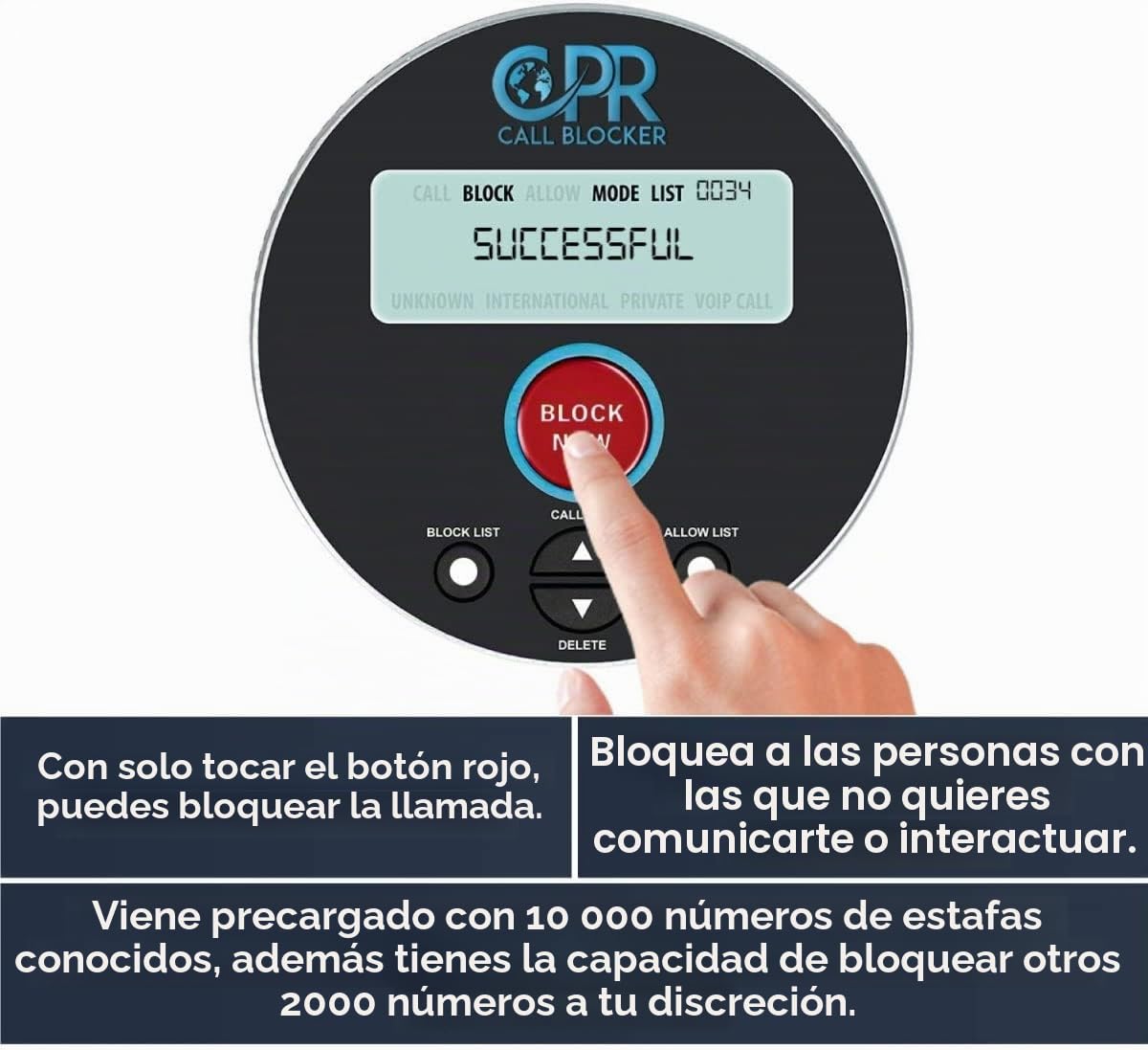 CPR V10000 - Bloqueador de Llamadas no deseadas para teléfonos fijos - Capacidad: 10.000 números preprogramados + 2.000 con Solo Pulsar un botón - Fácil instalación